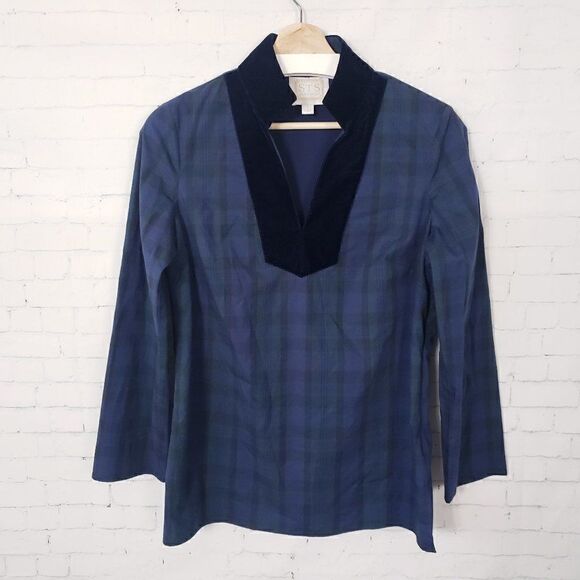 Sail To Sable Tartan Plaid Stretch Tunic Top Size S Blue Green Velvet Trim - Picture 2 of 8